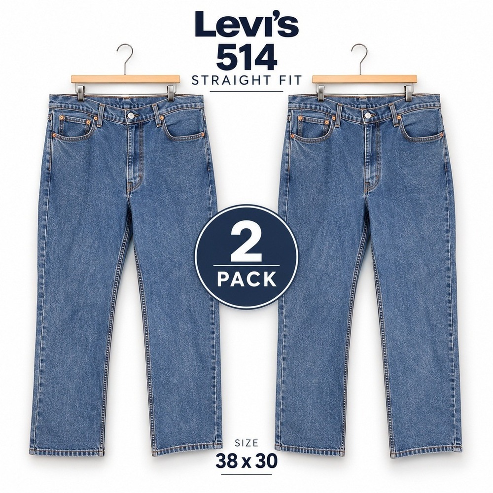 (LOT 2) Levis 514 Jeans Mens 38x30 Blue Medium Wash Straight Fit Denim Zip Fly